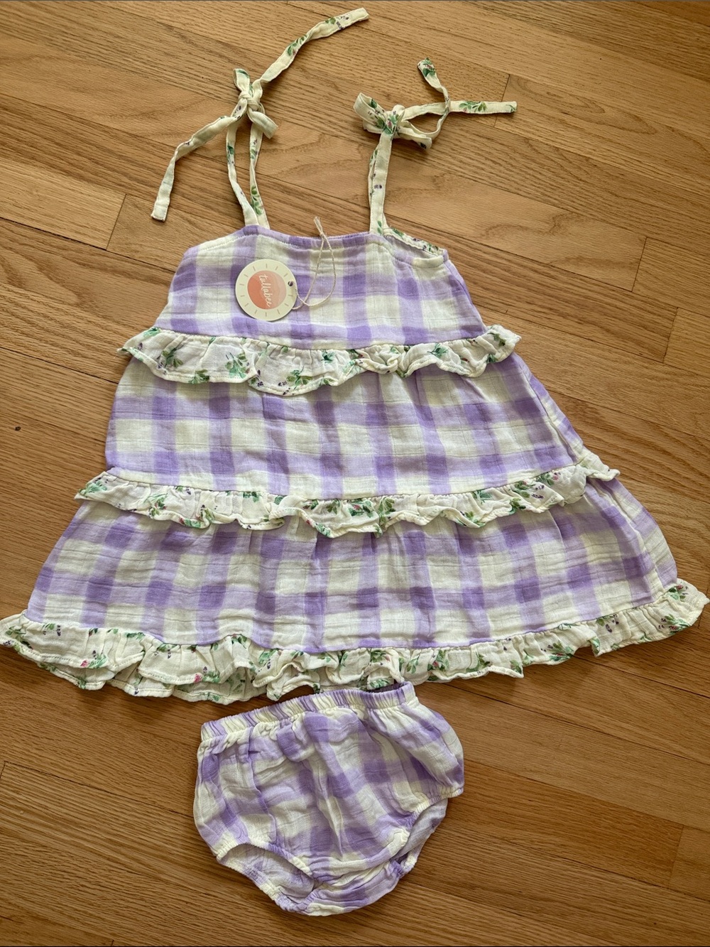 tullabee Lavender Check Sundress with Floral Ties - organic cotton muslin